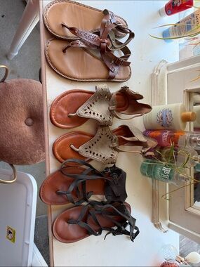 Mixed Leather Flat Sandals - Tan, Brown, Black